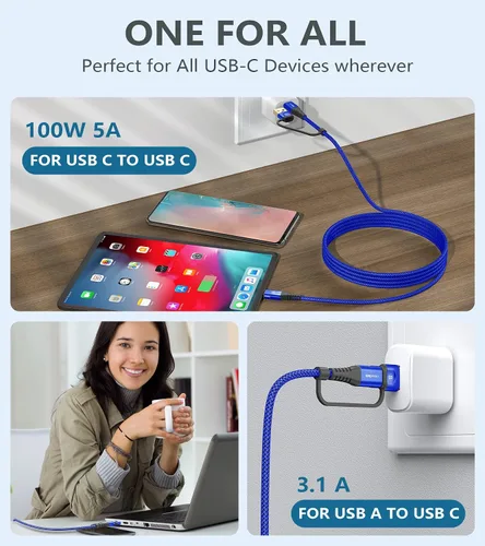 Vista 6 de Cable USB-C a USB-C de 6.6 pies PD 100 W iPhone 17 cargador 2 en 1 USB A/C a USB-C cable trenzado de nailon para iPhone 17 16 15 Pro Max Plus iPad