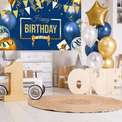 Vista 3 de Cartel de decoración de feliz cumpleaños, globos grandes azul marino y dorado, póster temático para niños, hombres y mujeres, cartel de celebración