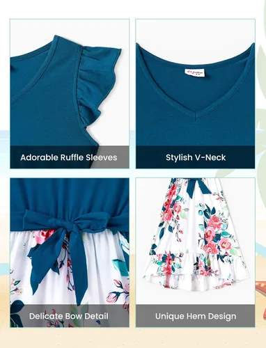 Vista 5 de PATPAT Conjuntos familiares a juego para verano, playa, vacaciones tropicales, manga con volantes, vestidos y camisetas para mamá y yo