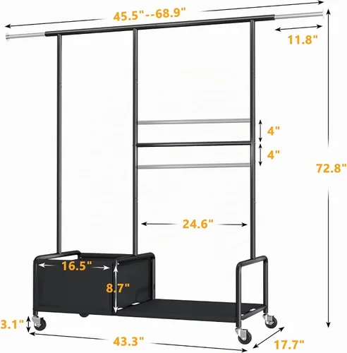 Vista 9 de Raybee Percheros para colgar ropa, perchero ajustable con ruedas bloqueables, estantes de almacenamiento, estante multifuncional para dormitorio
