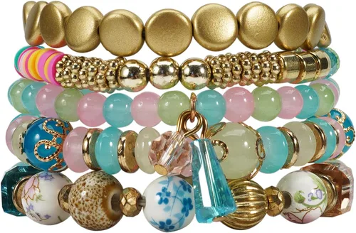 Vista 27 de 4 piezas de juego de pulseras bohemias apilables de múltiples capas con cuentas de cristal coloridas, pulseras elásticas con cuentas de oro Verde