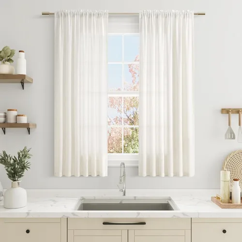 Vista 57 de Cortinas de lino verde aguamarina de 84 pulgadas de largo, juego de 2 paneles semitransparentes con bolsillo para barra para comedor, decoración