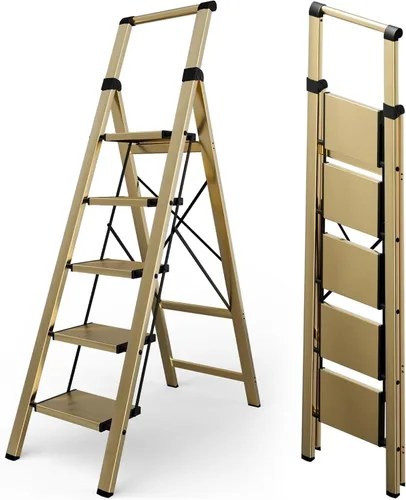 Vista 21 de SOLADDER Escalera de 3 escalones, taburete plegable ligero, grano de madera Woodgrain