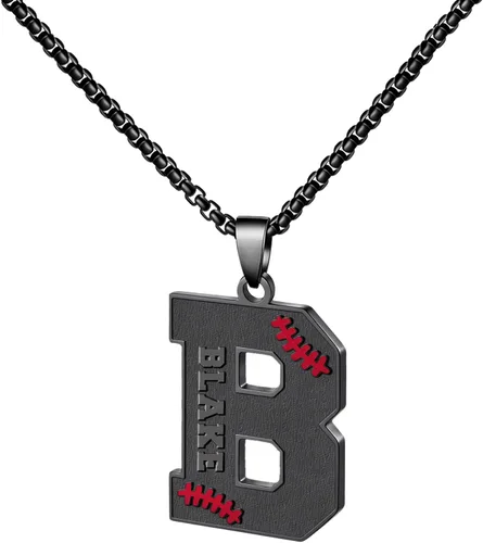 Vista 13 de Ldurian Collar personalizado con nombre de béisbol, cadena negra de acero inoxidable, collar con nombre deportivo, letra A-Z de 24 pulgadas, regalos