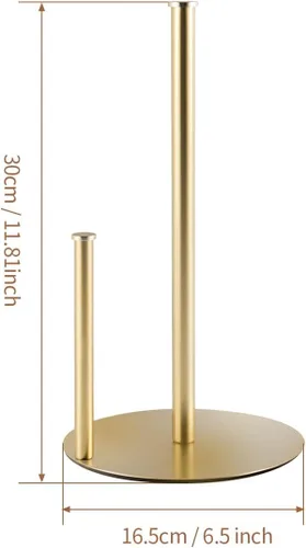 Vista 5 de Toallero de papel dorado, soporte de encimera de acero inoxidable para cocina y baño con base antideslizante, diseño portátil con asa superior, se