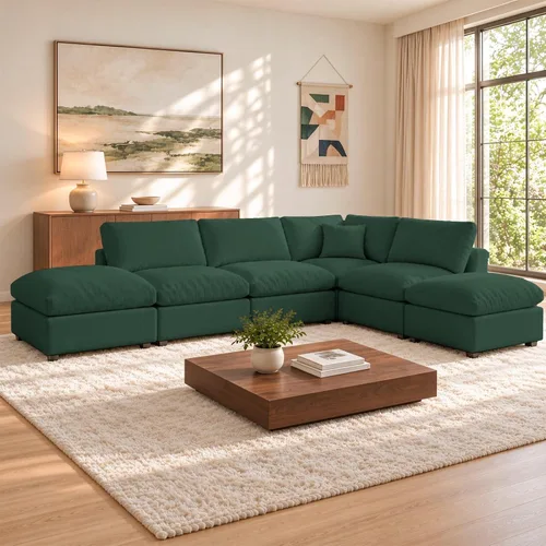 Vista 50 de Sofá seccional moderno de lino en forma de L para sala de estar, sofás modulares con relleno de plumón, fundas de cojín de sofá desmontables, sofá