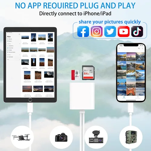Vista 5 de [Certificado MFI] Lector de tarjetas SD para iPhone, iPad y cámara, adaptador de lector de cámara digital de doble conector, adaptador de tarjeta