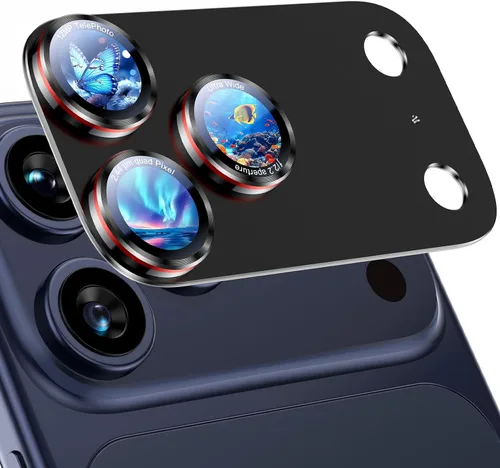Vista 28 de Uyiton Protector de lente de cámara para iPhone 17 Pro - [Tipografía única + lente de teléfono diseño de círculo rojo] Cubierta de cámara de vidrio