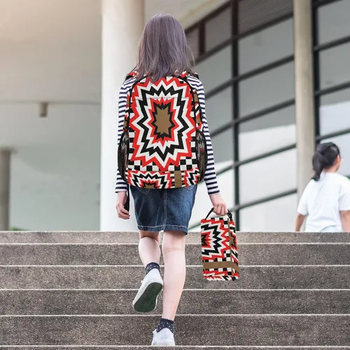 Vista 6 de Geométrico Agujero A Cuadros Negro Rojo Mochila Para La Escuela Y Bolsa De Almuerzo Bolsa Escolar Y Caja De Almuerzo Set Para Niños De 8-10 Años