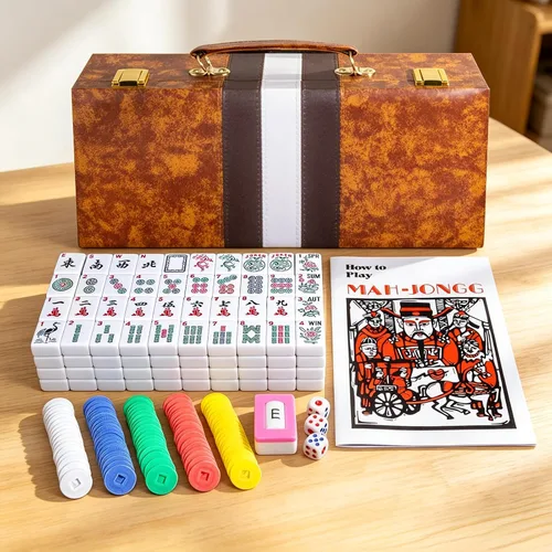 Vista 8 de Juego de azulejos de Mahjong americano de lujo, estuche de cuero sintético Café