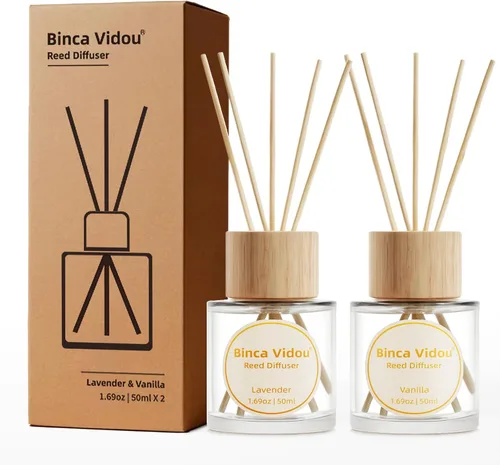 Vista 10 de Juego de difusor de cañas, Binca Vidou difusores de aceite de fragancia natural de lavanda y jazmín con varillas para aromaterapia en el hogar