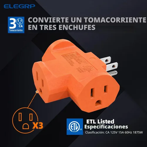 Vista 3 de ELEGRP Extensor de Energía de Servicio Pesado de 3 Clavijas a Triple Toma en Dirección T, Extensor de Toma de Pared Multidireccional con Conexión a