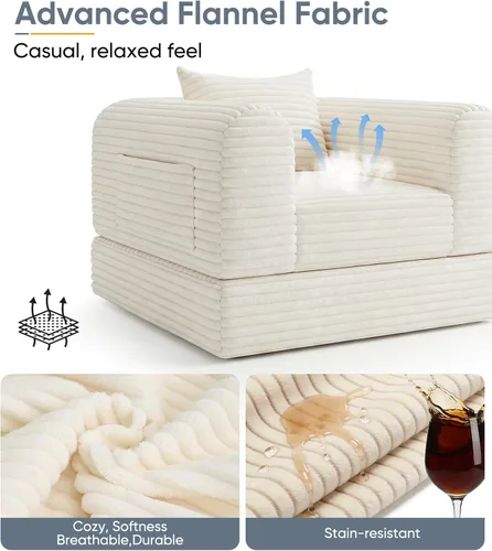 Vista 5 de Sillón versátil 2 en 1 sin hueso, tumbona para interiores, sillas convertibles, sofá cama, sofá cama plegable de gran tamaño, cómodo sofá futón
