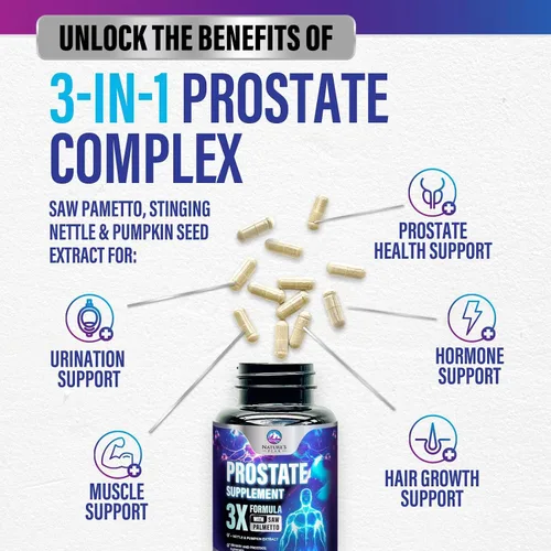 Vista 5 de Suplementos para la Salud de la Próstata para Hombres 1000mg - 3X Fuerza con Mezcla de Saw Palmetto, Raíz de Ortiga y Complejo de Apoyo de Semilla