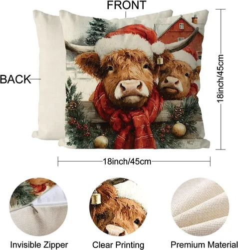 Vista 3 de Juego de 4 fundas de almohada de Navidad con diseño de vaca de las tierras altas, estilo campestre, vintage, para el hogar, sofá, sala de estar