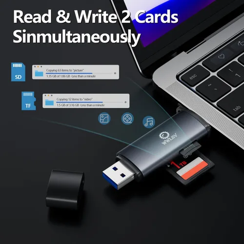 Vista 5 de Lector de tarjetas SD USB C 2 en 1, lector de tarjetas micro SD USB 3.0 de doble ranura, lector de tarjetas de memoria OTG UHS-I
