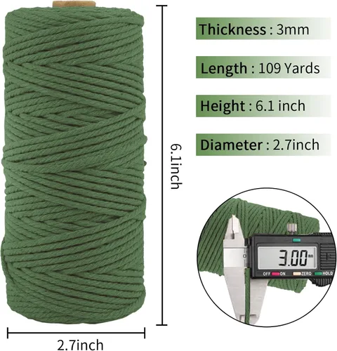 Vista 2 de Cordón de macramé de algodón natural grueso de 3mm x 109 yardas, cuerda de algodón trenzado de 4 hebras para macramé suave de color natural hecho a