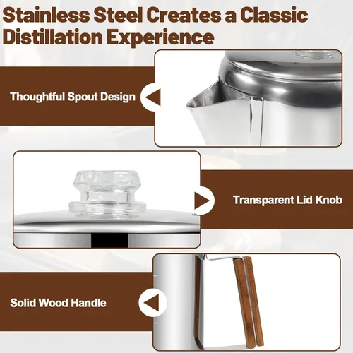 Vista 6 de Percolador de 6 tazas de acero inoxidable 304, cafetera con mango de madera maciza, perilla transparente, estufa Greca Mocha para inducción, hogar