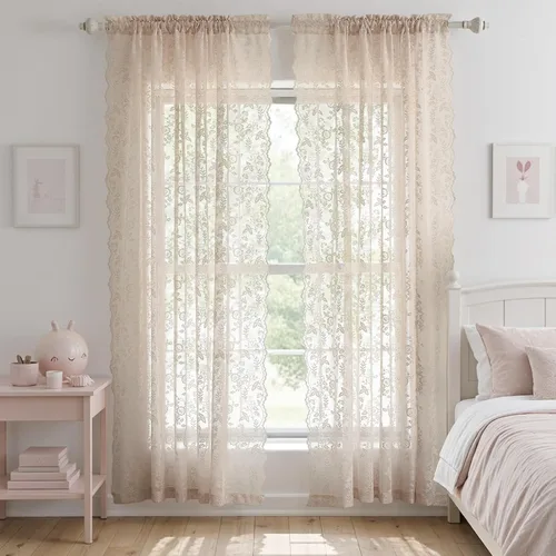 Vista 14 de FINECITY 2 paneles de cortinas de encaje beige de 36 pulgadas de largo con hojas florales rústicas, cortinas cortas y transparentes para ventana