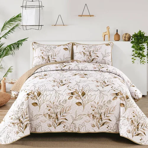 Vista 18 de Anibedding Juego de edredón botánico tamaño Full, 3 piezas reversible, elegante patrón de hojas azules, cubrecama colcha de microfibra suave