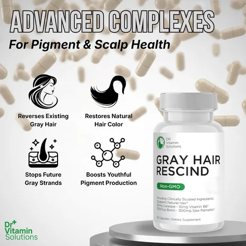Vista 6 de Gray Hair Rescind with Catalase - Vitaminas antienvejecimiento para el cabello, la piel y las uñas, ácido pantoténico, ácido fólico 400mcg, biotina