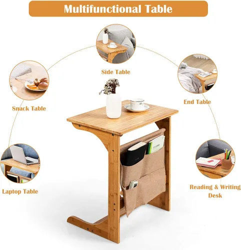 Vista 8 de Tangkula Bandeja de TV de bambú para sala de estar, mesa auxiliar de sofá, mesa auxiliar de aperitivos con bolsa de almacenamiento, mesa auxiliar