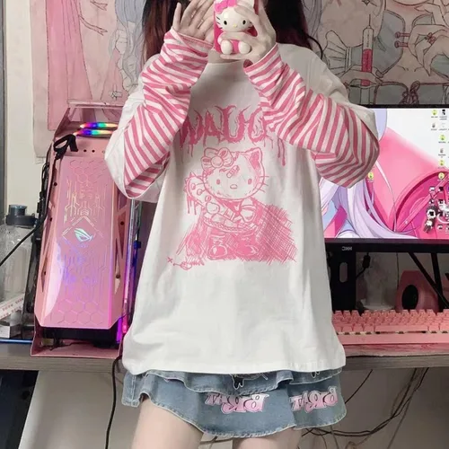 Vista 2 de Camisetas de manga larga de anime para mujer, retazos, Kawaii Harajuku, falsas de dos piezas góticas
