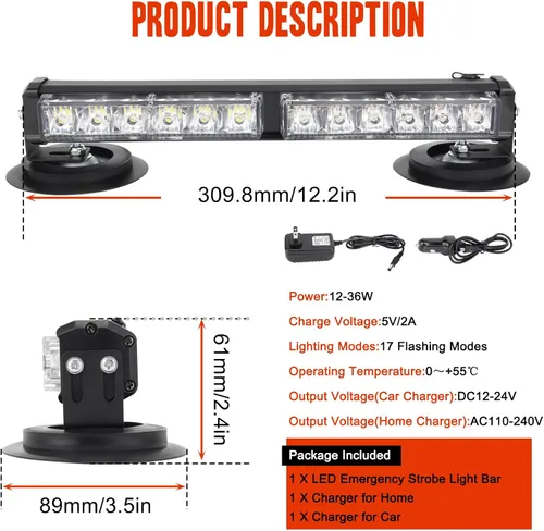 Vista 6 de Luz estroboscópica LED ámbar blanca para techo de camión de 12.2 pulgadas, inalámbrica, recargable, luces estroboscópicas de emergencia con base
