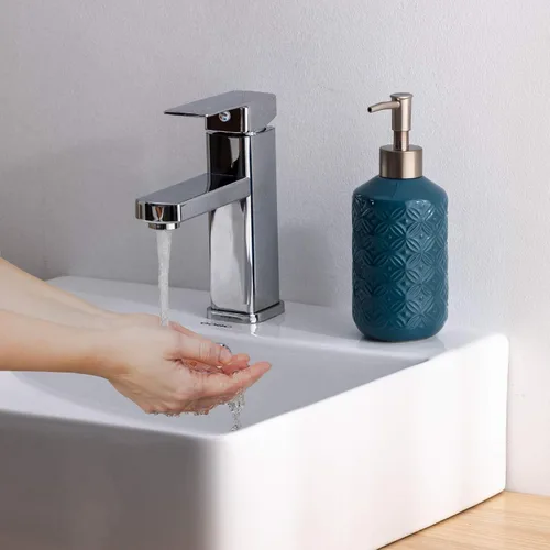 Vista 6 de FE Dispensador de jabón, dispensador de jabón de cerámica de 13.5 onzas con diseño vintage en relieve, recargable para cocina y baño (azul)