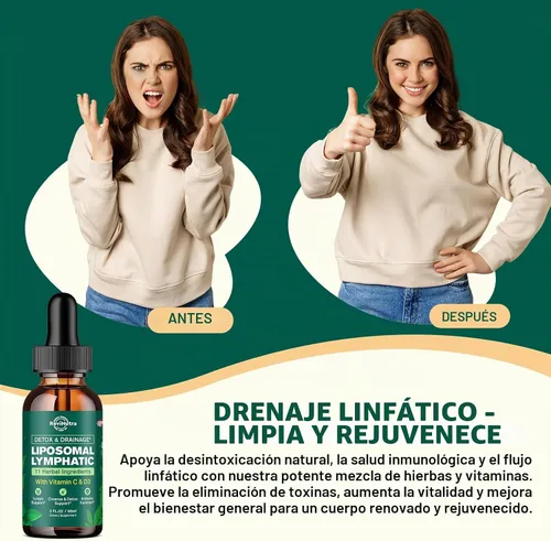 Vista 4 de Gotas líquidas de drenaje linfático liposomal, suplemento de apoyo linfático con raíz de diente de león, cuchillas, equinácea, caléndula
