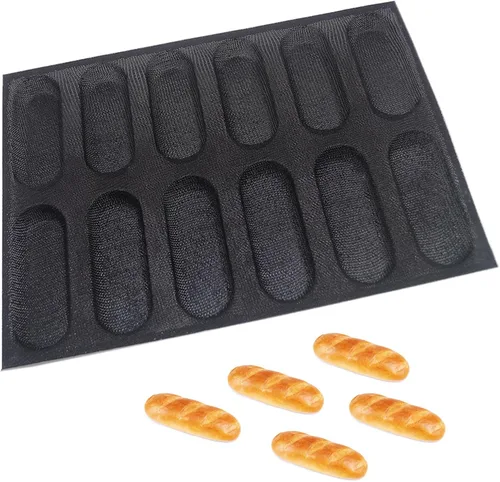 Vista 9 de Dioycli Molde de pan de silicona para hornear pan grande de baguette sartén perforada para bollos de perritos calientes, 4 panes, alfombrilla