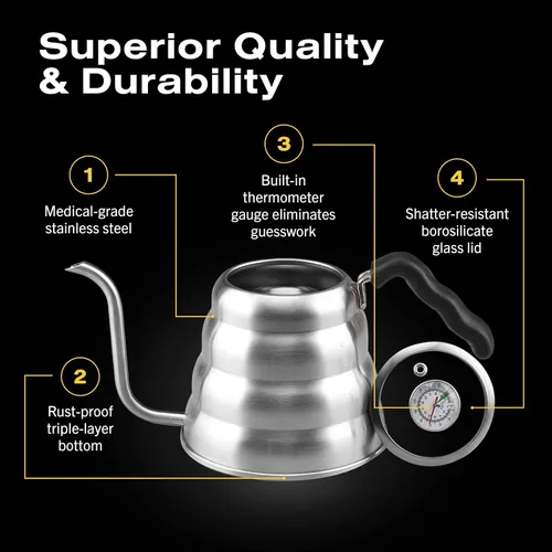 Vista 4 de Bean Envy - Estufa de cuello de cisne con termómetro 40 Oz (1,200 ml) Stainless Steel, Coffee and Tea Brewing, Ergonomic Heat-Safe Handle