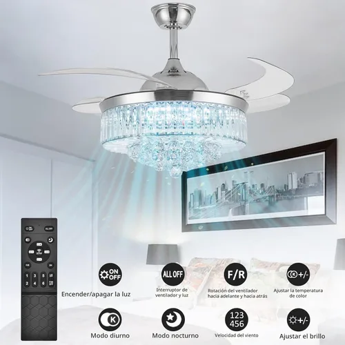 Vista 3 de Ventilador de Techo Invisible de 42" con Lámpara de Araña, Lámpara Moderna de Ventilador de Techo de Cristal con Control Remoto, 4 Aspas Retráctiles