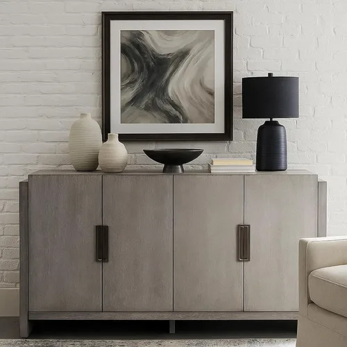 Vista 7 de Benzara Gris Sideboard Server, 4 Doors w Metal Handles, 60 Inch Stone Gray