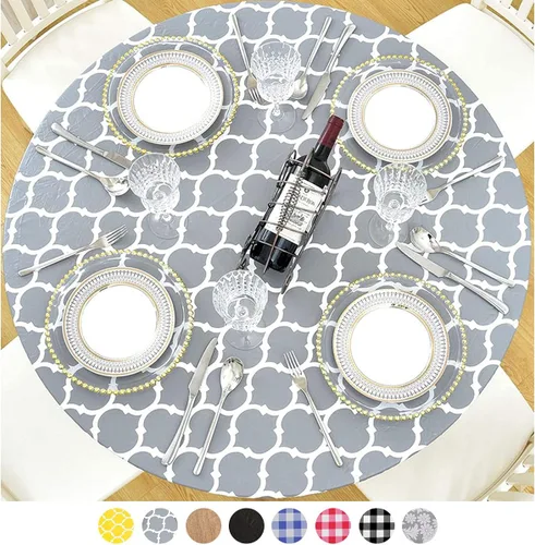 Vista 9 de Mantel redondo de vinilo de plástico ajustable con parte trasera de franela y borde elástico, protector de mesa impermeable para mesa de comedor
