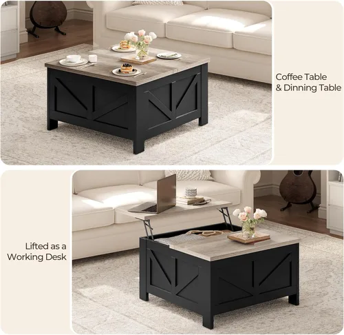 Vista 4 de Yaheetech - Mesa de centro con superficie superior abatible con almacenamiento, mesa de café cuadrada para sala de estar, mesas centrales de 31.5