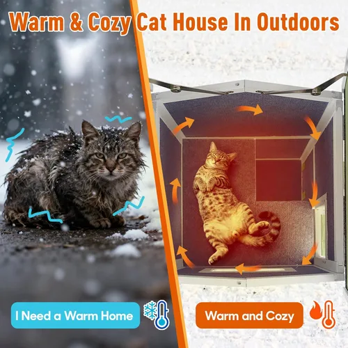 Vista 2 de Casa cálida aislada para gatos de 2 pisos, refugio resistente a la intemperie para gatos con 2 plataformas, capas térmicas, 2 puertas de escape