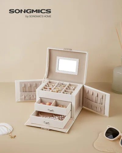 Vista 2 de SONGMICS Joyero de 3 niveles joyero de viaje con asa 2 cajones organizador de joyas con cerradura con espejo almacenamiento de joyas estilo moderno