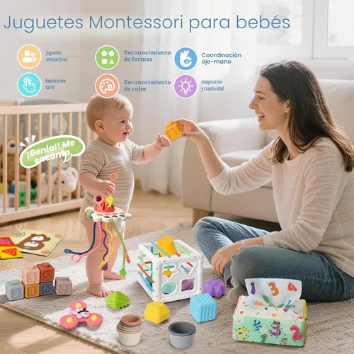 Vista 2 de Juguetes Montessori 6 en 1 para bebés de 6 a 12 meses en adelante, incluye juguete de cuerda de tirar, tazas apilables, caja de pañuelos, girador