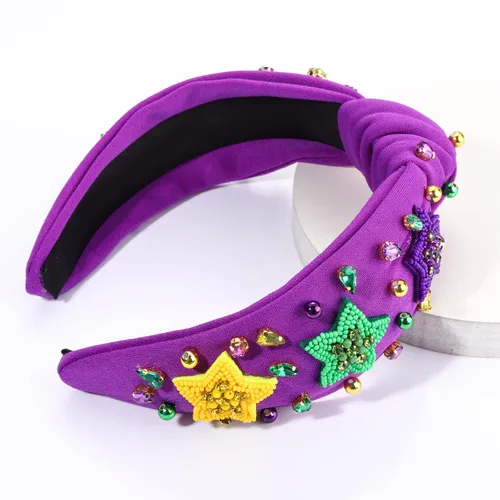 Vista 3 de MOLOCH Diadema de Mardi Gras para mujer, con cuentas moradas, amarillas, verdes, estrellas, diadema anudada, carnaval, joyería de cristal, nudo