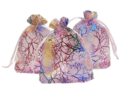 Vista 6 de Bolsitas de organza transparentes con impresión de ratán Ankirol, ideales para bodas y fiestas del bebé, para regalos o muestras (100 unidades), Azul