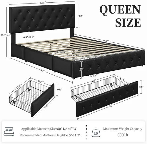 Vista 2 de Topeakmart Base de cama de plataforma tapizada tamaño Queen con cabecera ajustable en altura y 3 cajones de almacenamiento, base de colchón de piel