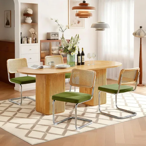 Vista 24 de Juego de 2 sillas de comedor de terciopelo con respaldo de ratán, diseño moderno Breuer con base cromada inoxidable sin brazos tapizada para Beige