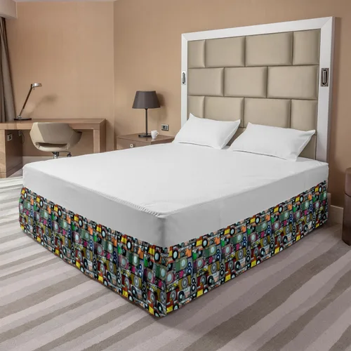 Vista 2 de Lunarable Falda de cama retro, patrón de cámara retro grunge, ilustración de estilo de caricatura, diseño de tecnología vintage, falda de cama
