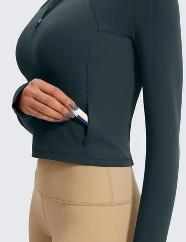 Vista 4 de CRZ YOGA Butterluxe - Camisas de entrenamiento de manga larga para mujer, con cremallera de medio cuarto, camiseta atlética con cuello para otoño