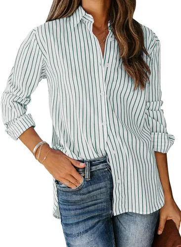 Vista 25 de Siliteelon - Camisas de botones para mujer, camisa de vestir a rayas de algodón, de manga larga, cuello con solapa, para oficina y trabajo