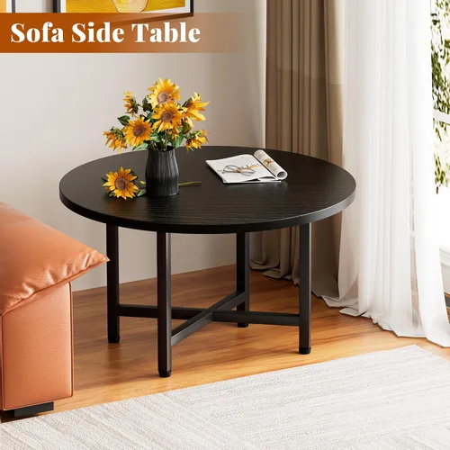 Vista 4 de Mesa de Centro, Mesas de Centro Pequeñas de 23.6", Mesas de Centro Redondas Negras para Sala de Estar, Mesa de Piso para Sentarse en el Suelo, Mesa
