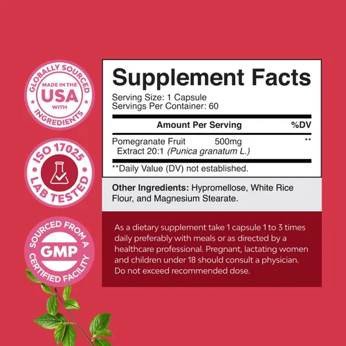Vista 7 de Cápsulas de extracto de granada Suplemento antioxidante – Cápsulas de granada natural para la salud del corazón, apoyo articular y entrenamiento