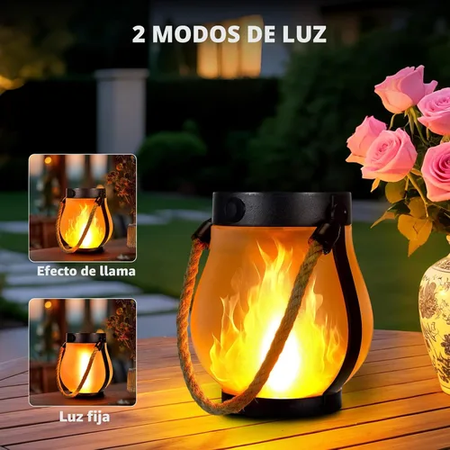 Vista 2 de Paquete de 2 Linternas Solares de Llama — Linternas Colgantes de Llama Parpadeante para Exteriores, Luces de Jardín Impermeables con 2 Modos