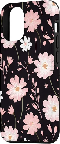 Vista 2 de iPhone 14 elegante flores rosas sobre un fondo negro patrón floral caso